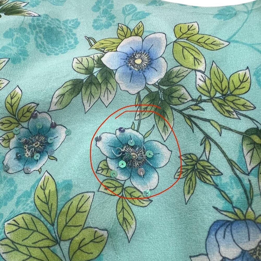 VTG 90s Robbie Bee Aqua Blue Floral Silk Cowled Back Top & Ruffle Skirt Set 10 - Picture 7 of 8